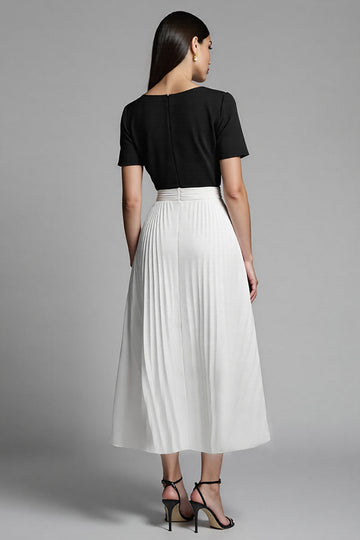 Ivory and Black A Line Pleated Long Work Dress with Sleeves
